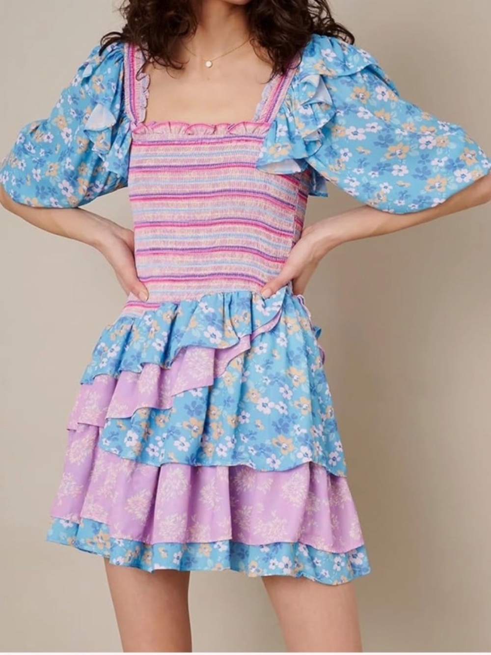 Yvonne & Love Tiered Floral Puff-Sleeve Mini Dress in Blue & Lilac